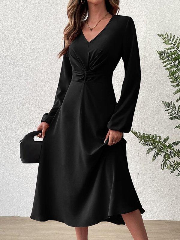 Black Plain Long Sleeve Midi Dress