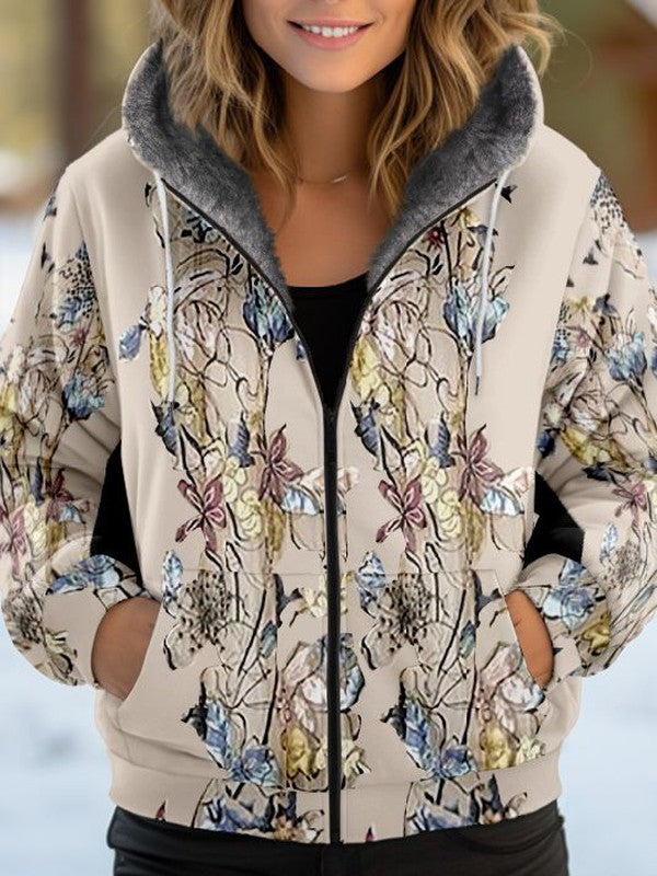 Stylish Plant Print Hoodie Long Sleeve Outerwear