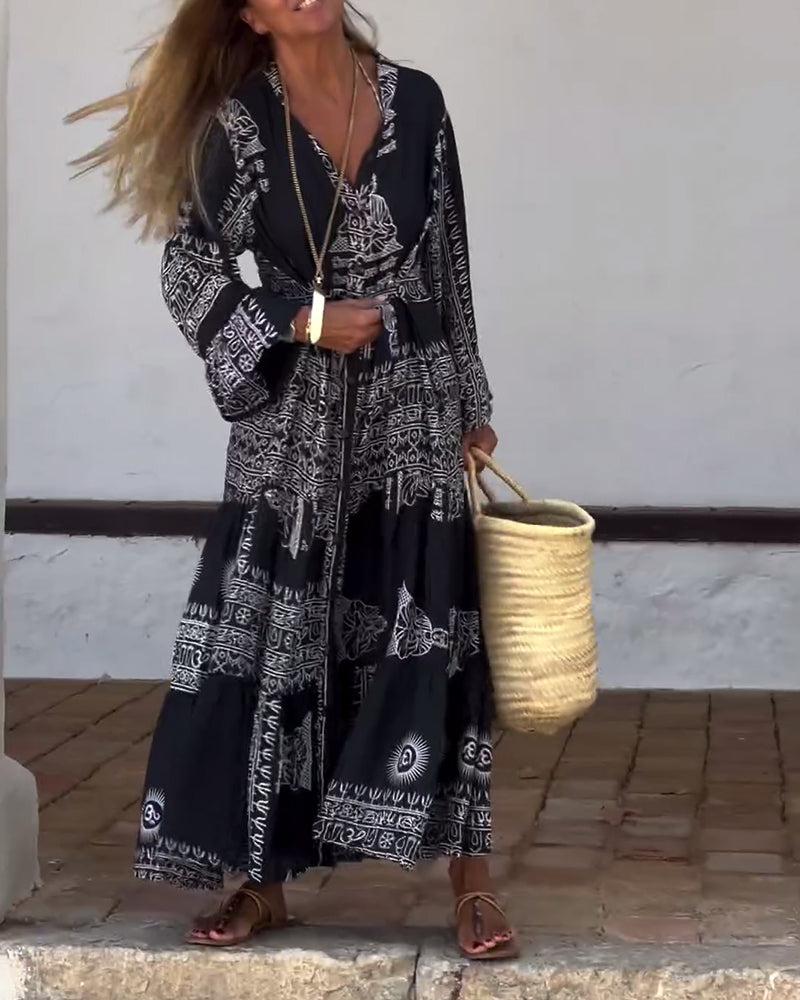 Trendy V-Neck Bell Sleeve Maxi Dress