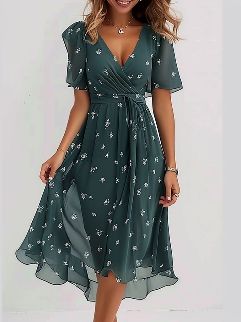 Groovy Short Sleeve Green Midi Dress