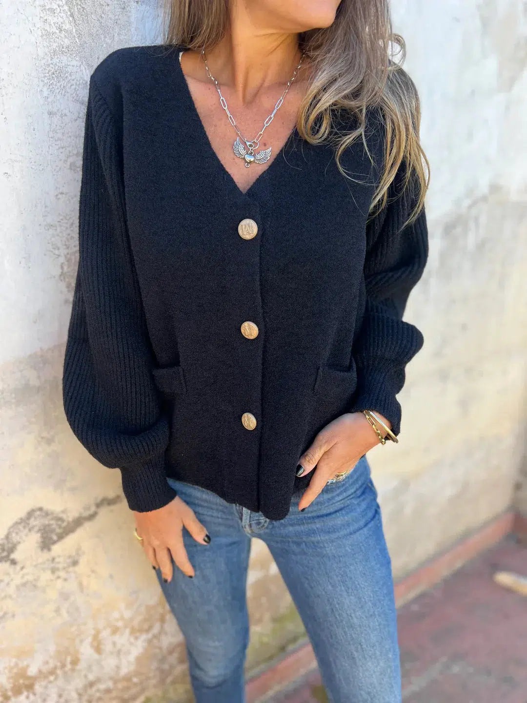 Dark Blue Plain V-Neck Long Sleeve Sweater