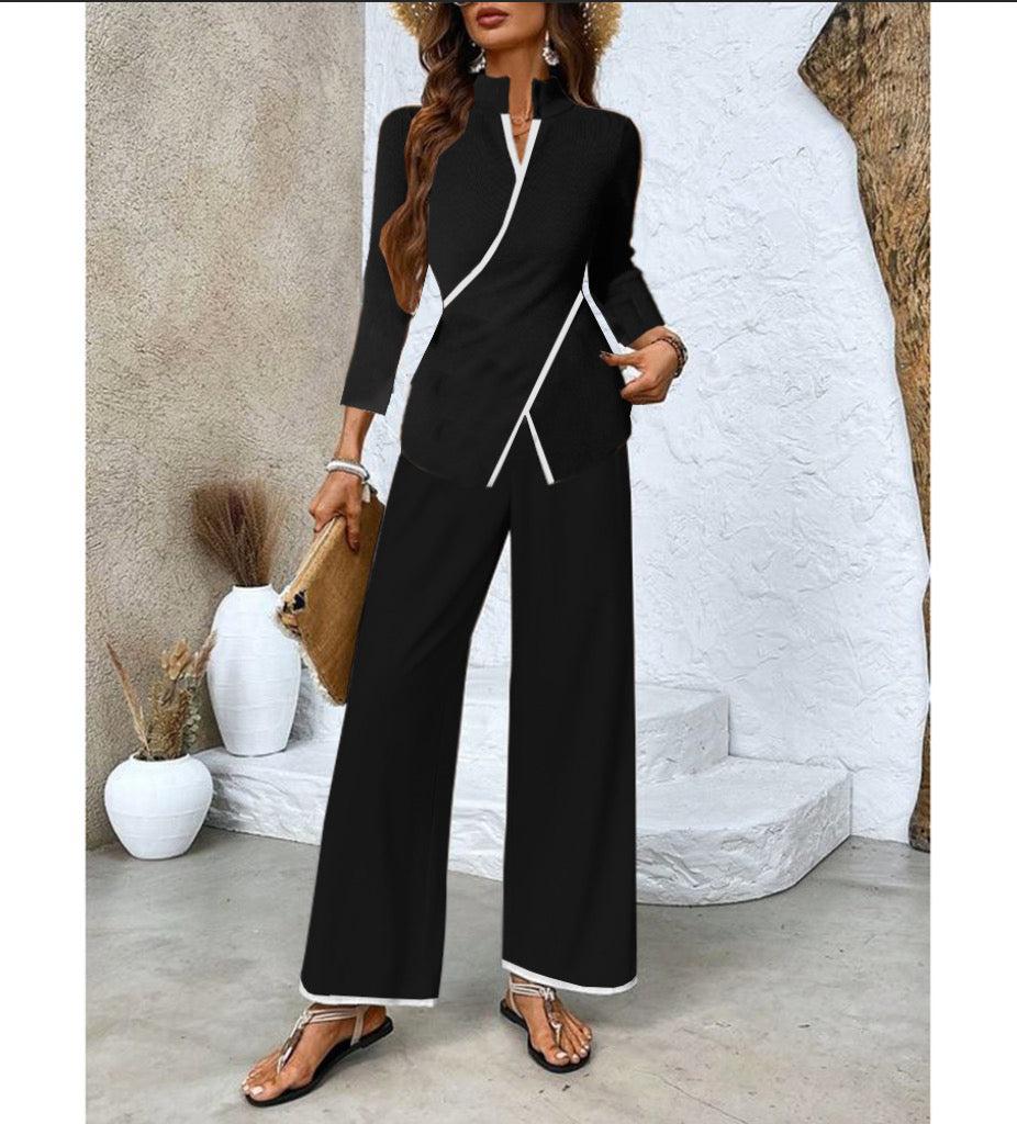 Black And White V-Neck Two Piece Set