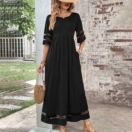 Cool Plain Black 3/4 Sleeve Maxi Dress