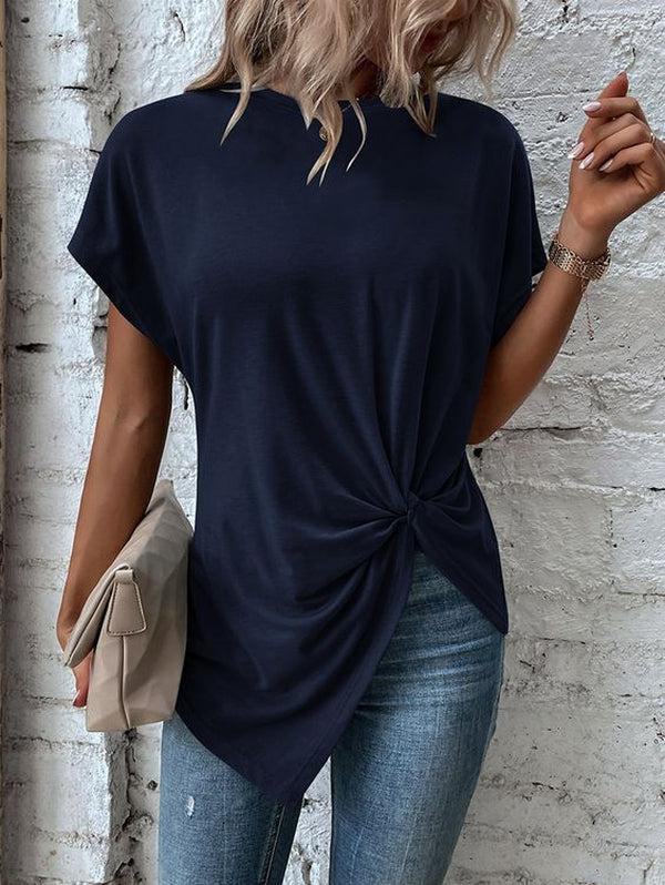 Navy Short Sleeve Front Knot Long Shirt