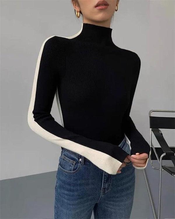 Groovy Black Color Block High Neck Sweater