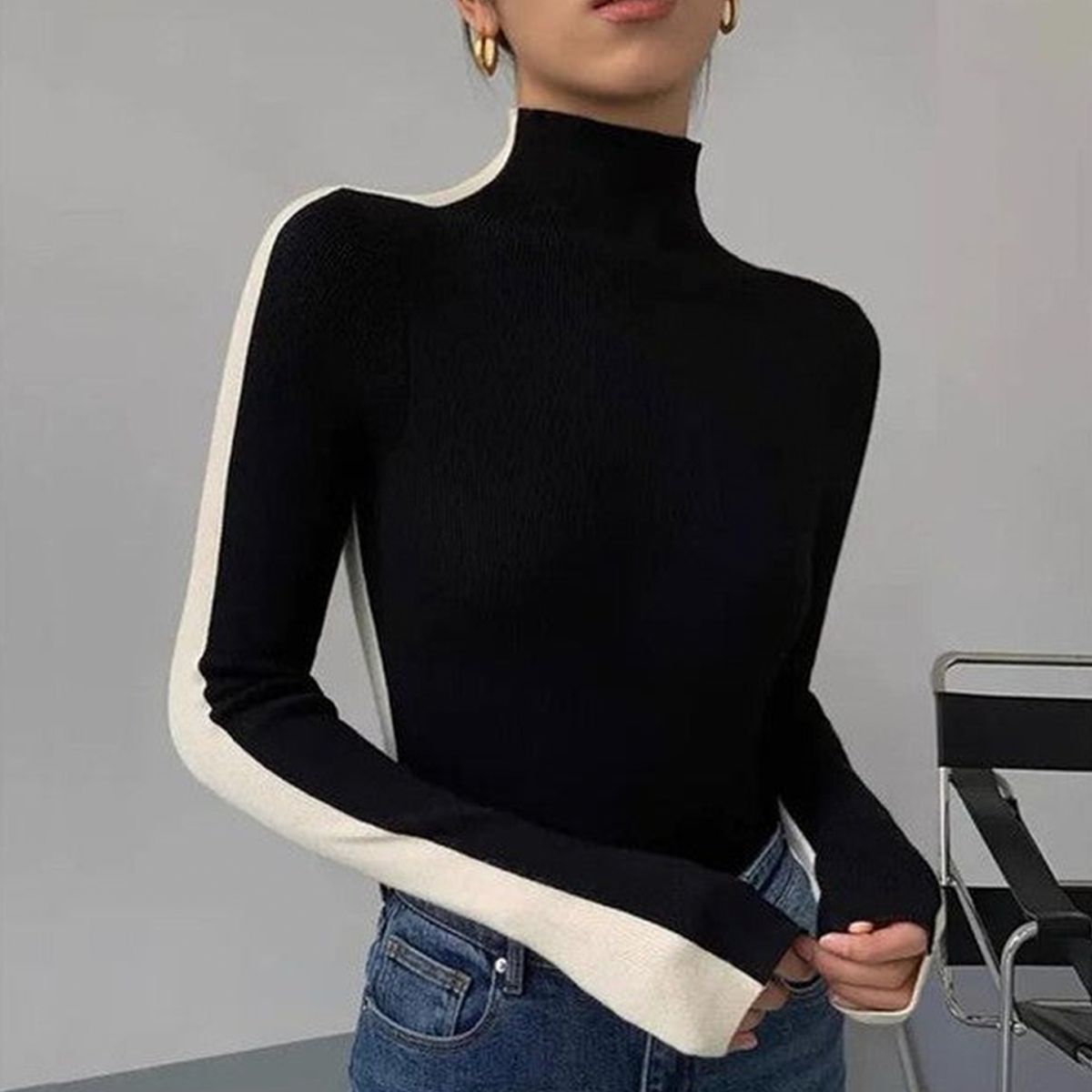 Groovy Black Color Block High Neck Sweater