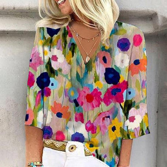 Romantic 3/4 Sleeve Floral Print Top