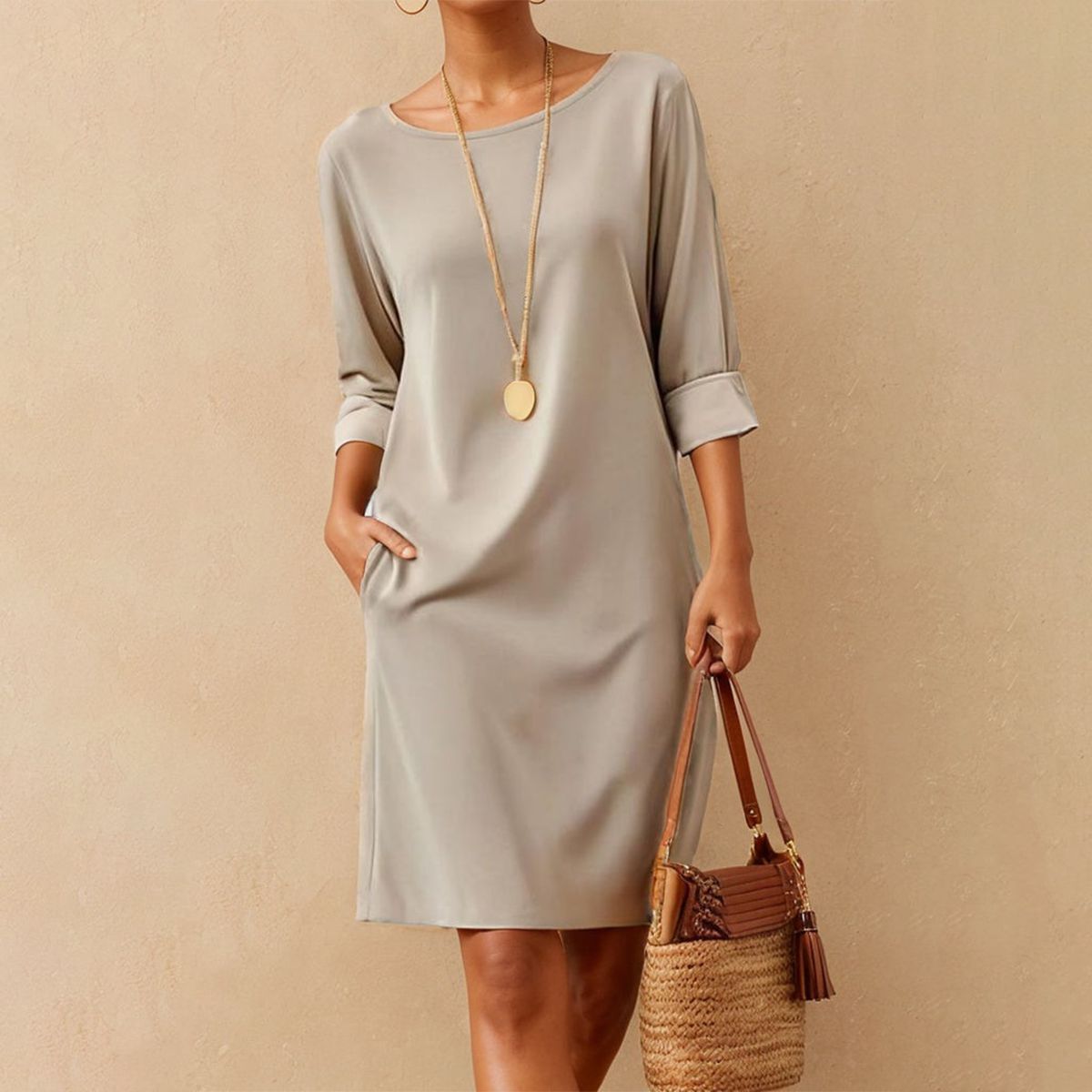 Modern Scoop Neck Plain 3/4 Sleeve Mini Dress