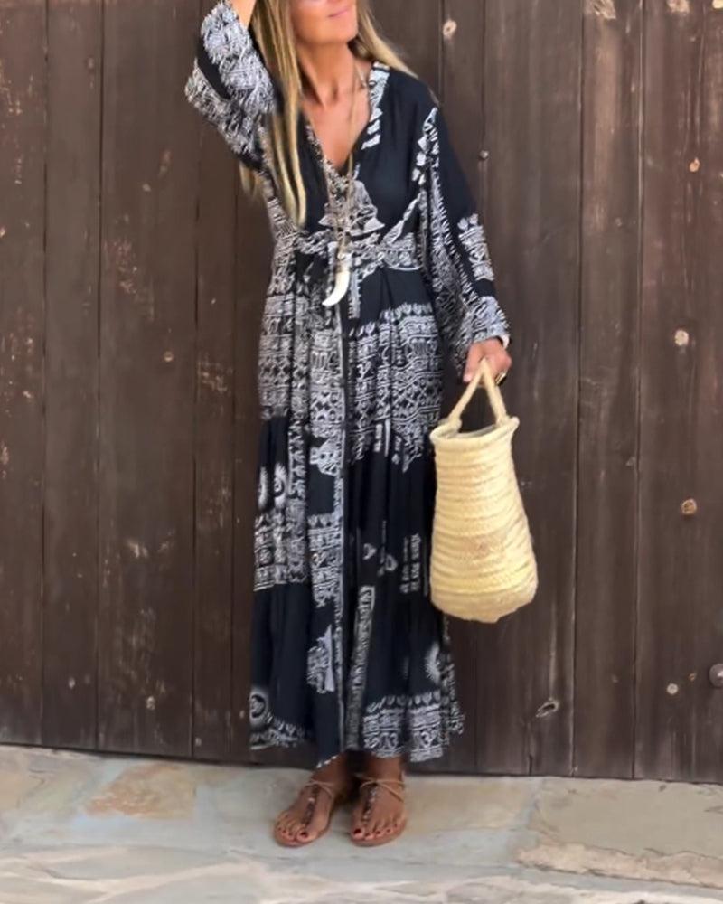 Trendy V-Neck Bell Sleeve Maxi Dress