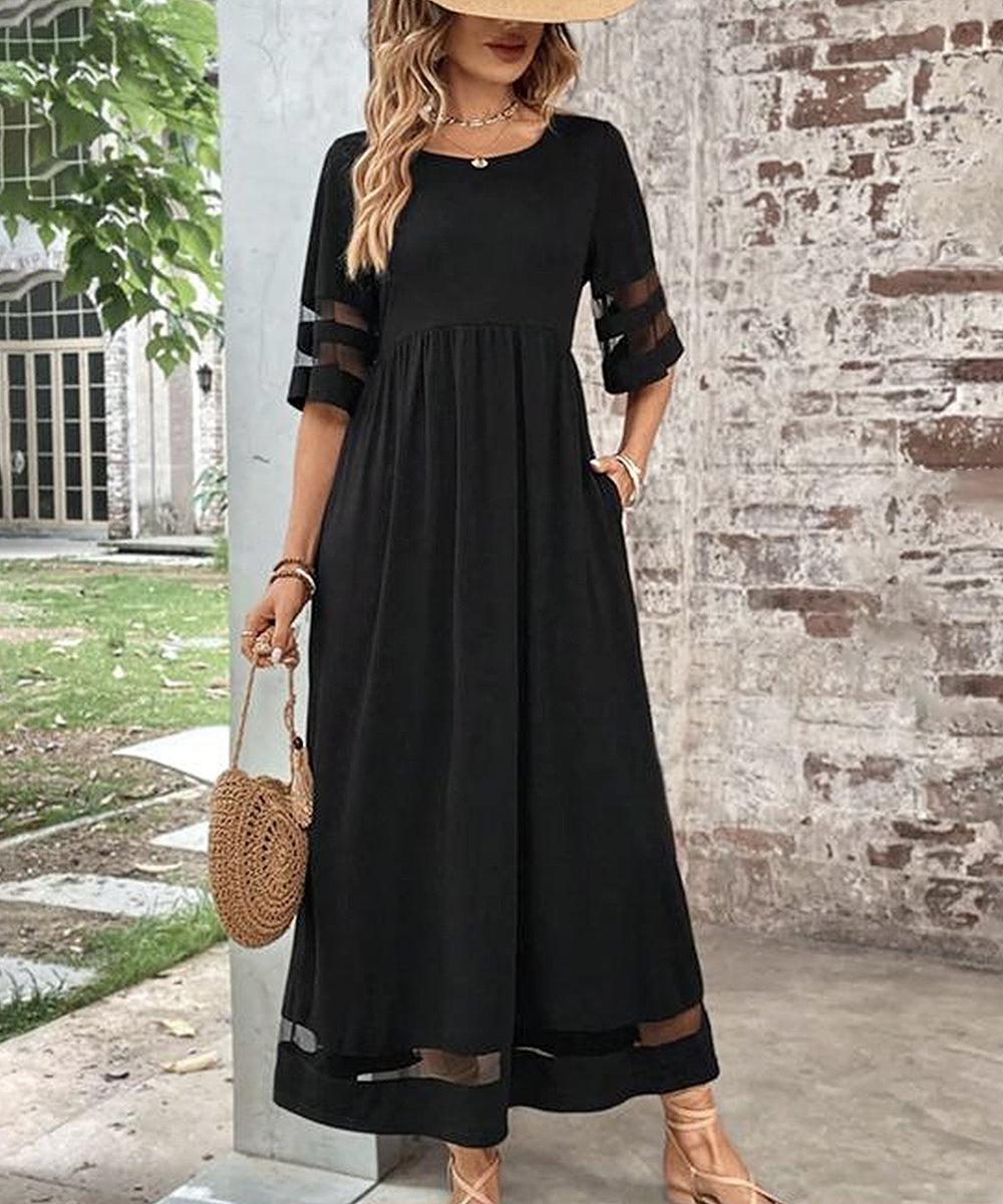 Cool Plain Black 3/4 Sleeve Maxi Dress