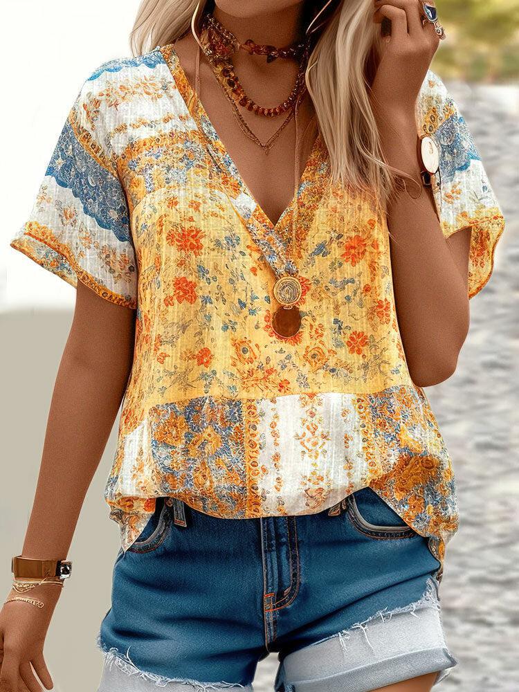 V-Neck Yellow Mixed Print Short Sleeve Top