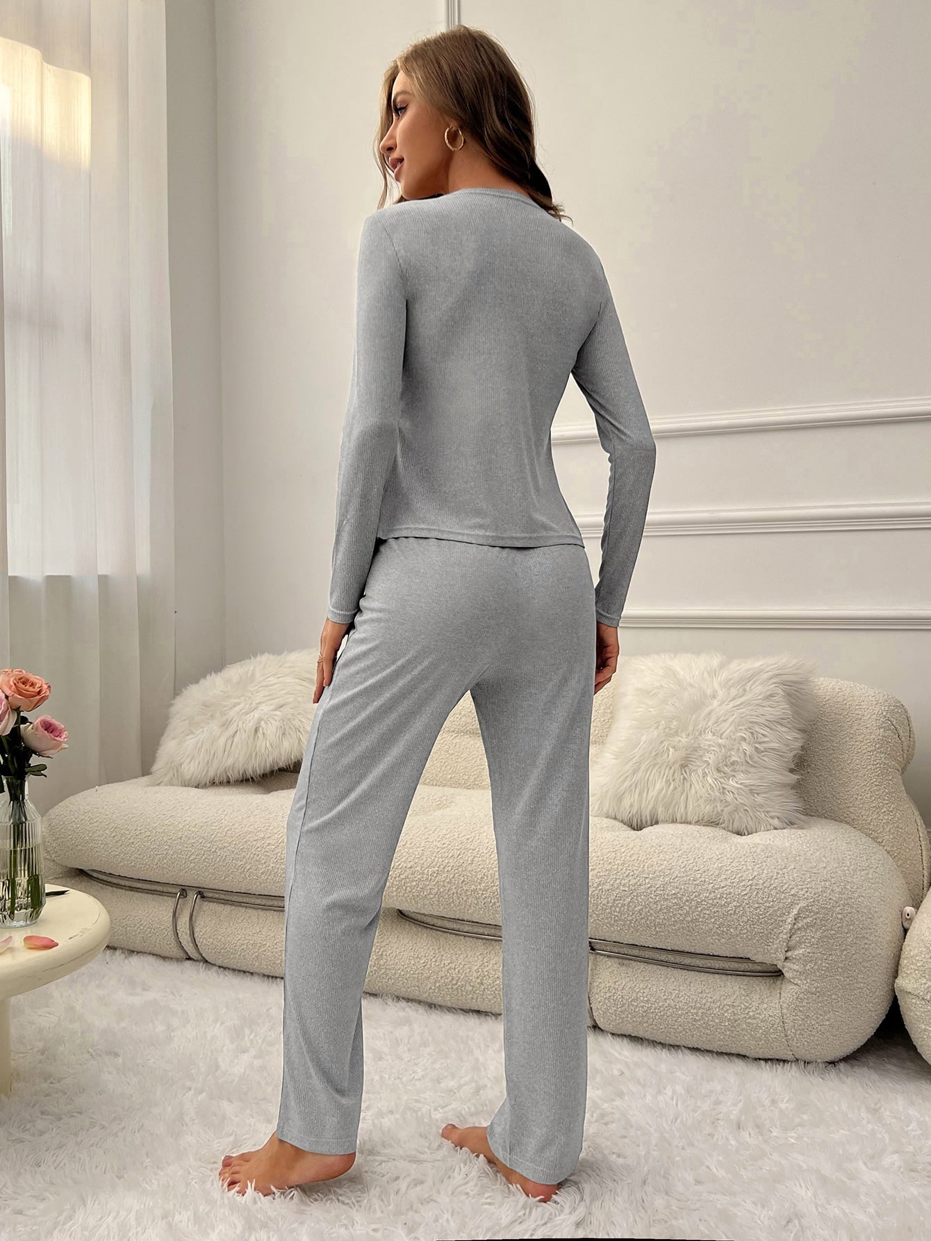 Grey Plain V-Neck Long Sleeve Two Piece Set