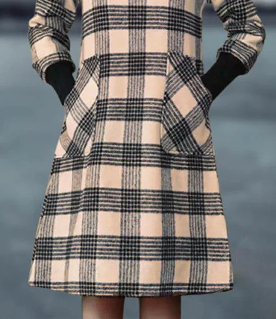 Popular Long Sleeve Check Midi Dress