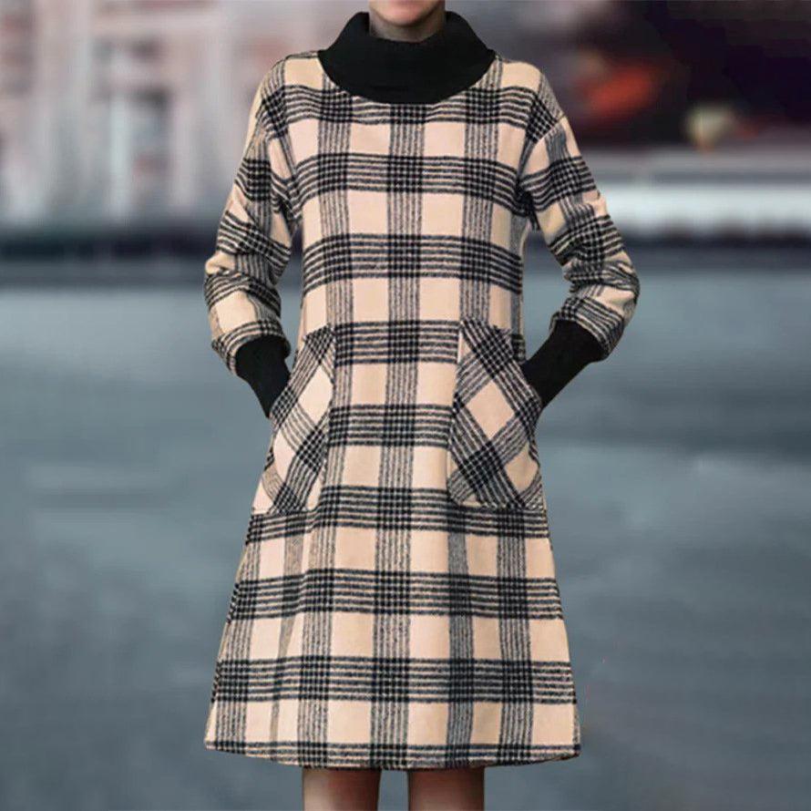 Popular Long Sleeve Check Midi Dress