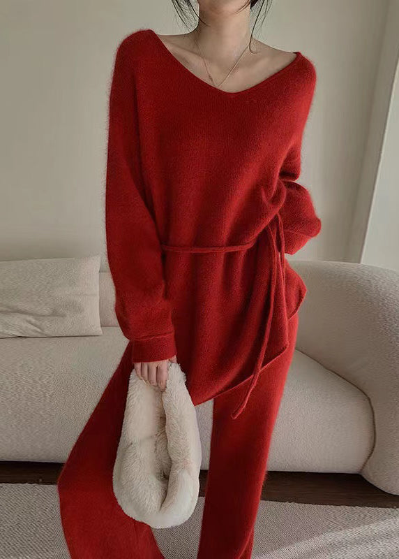 Red Long Sleeve Plain Two Piece Set