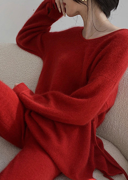 Red Long Sleeve Plain Two Piece Set