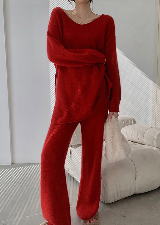 Red Long Sleeve Plain Two Piece Set