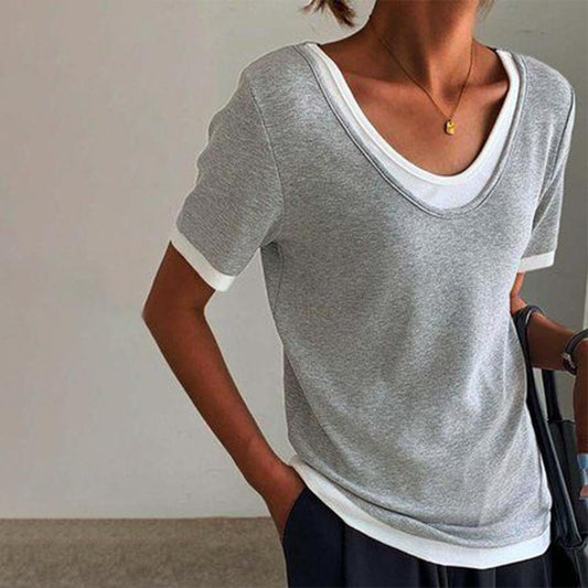 Twofer Layered Gray & White Round Collar Top