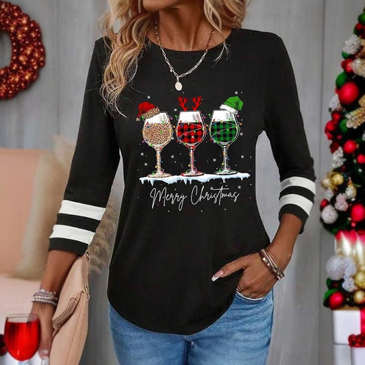 Stunning Print 3/4 Sleeve Round Neck Black Top