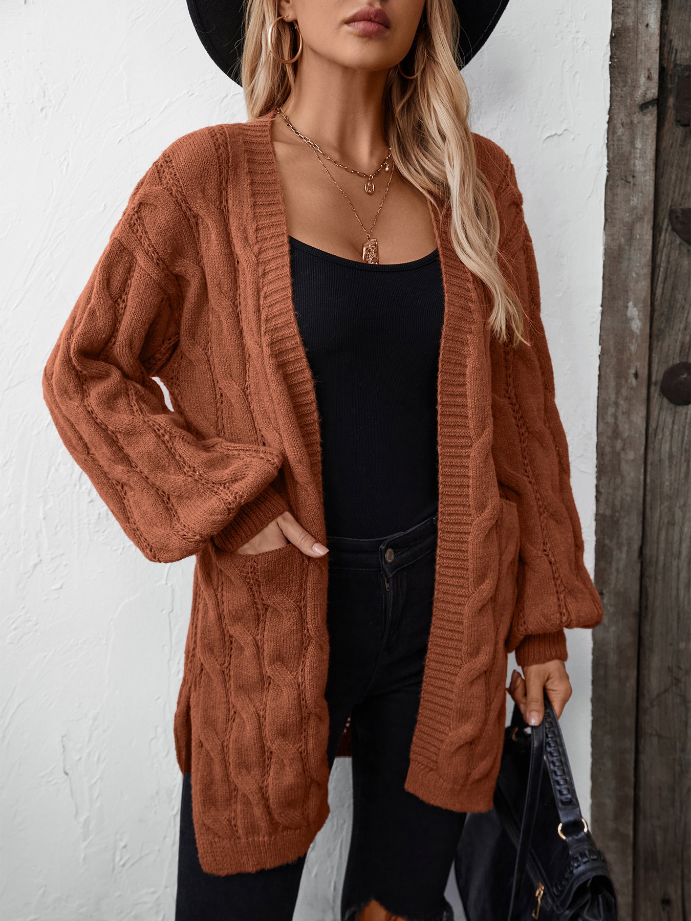 Retro Loose Mid-Length Cardigan Sweater - Rust Red