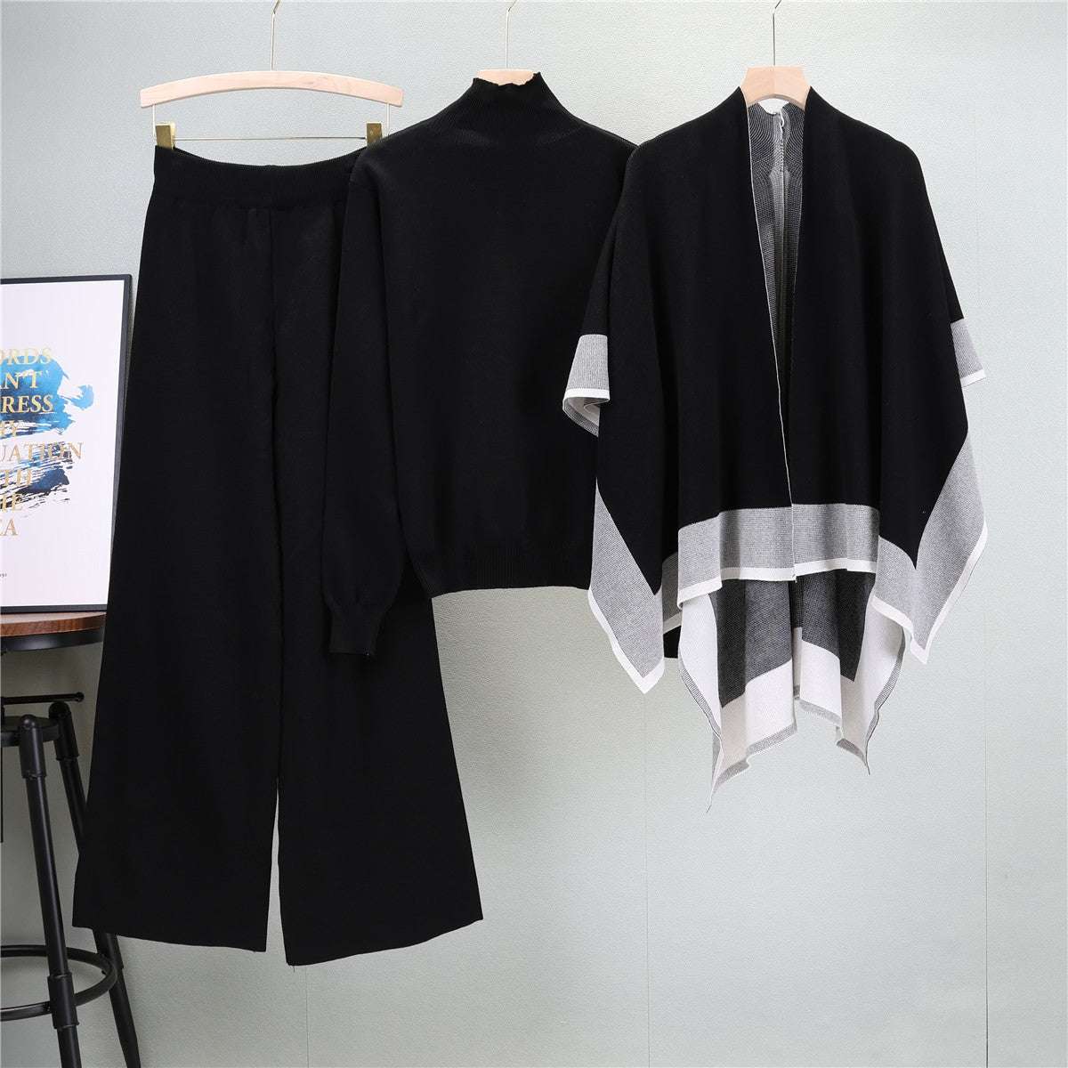 Black – Loose Knit Sweater Three Piece Set.