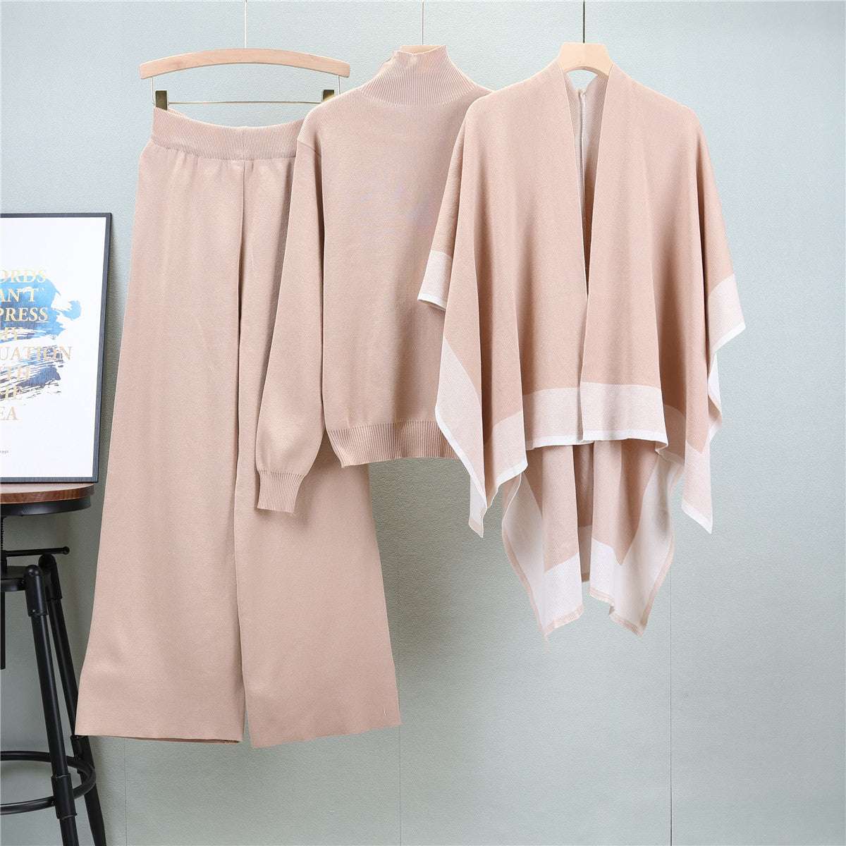 Khaki – Loose Knit Sweater Three Piece Set.