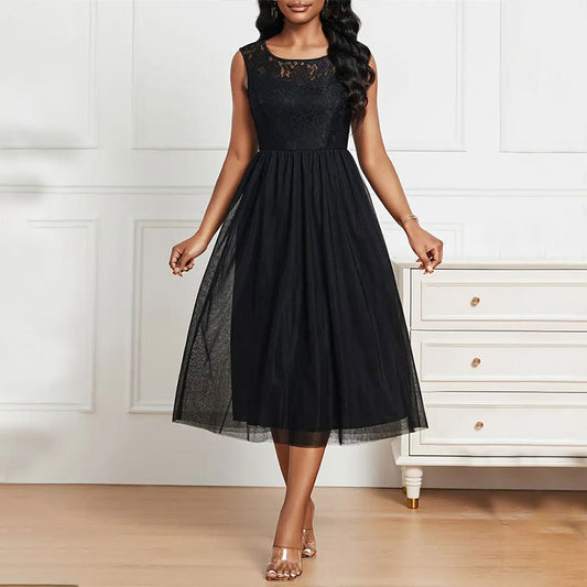 Lace-Panel Sleeveless Dress - Black