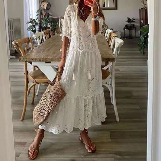 Youthful White Plain V-Neck Maxi Dress