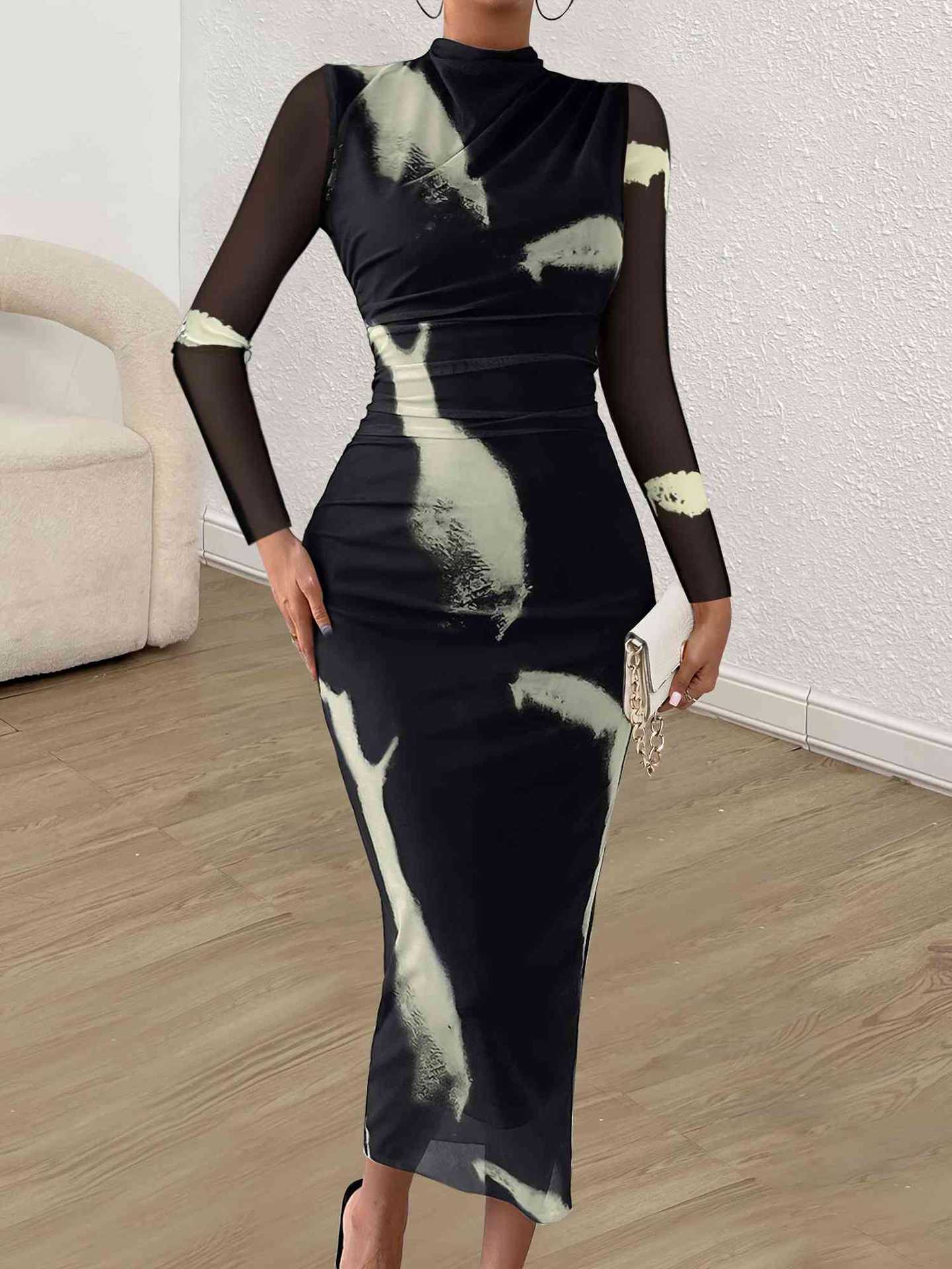 Black Mesh Printed Tie-Dye Bodycon Dress