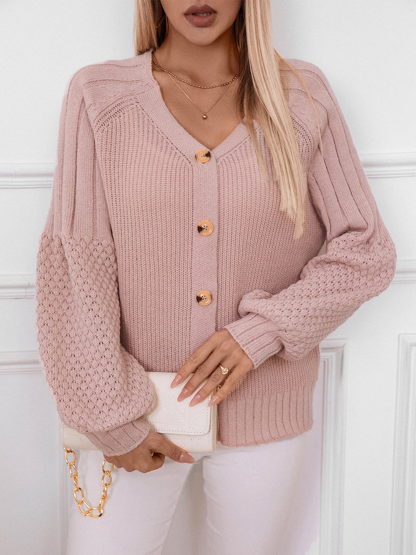 Buttoned Knitted Casual Cardigan - Pink