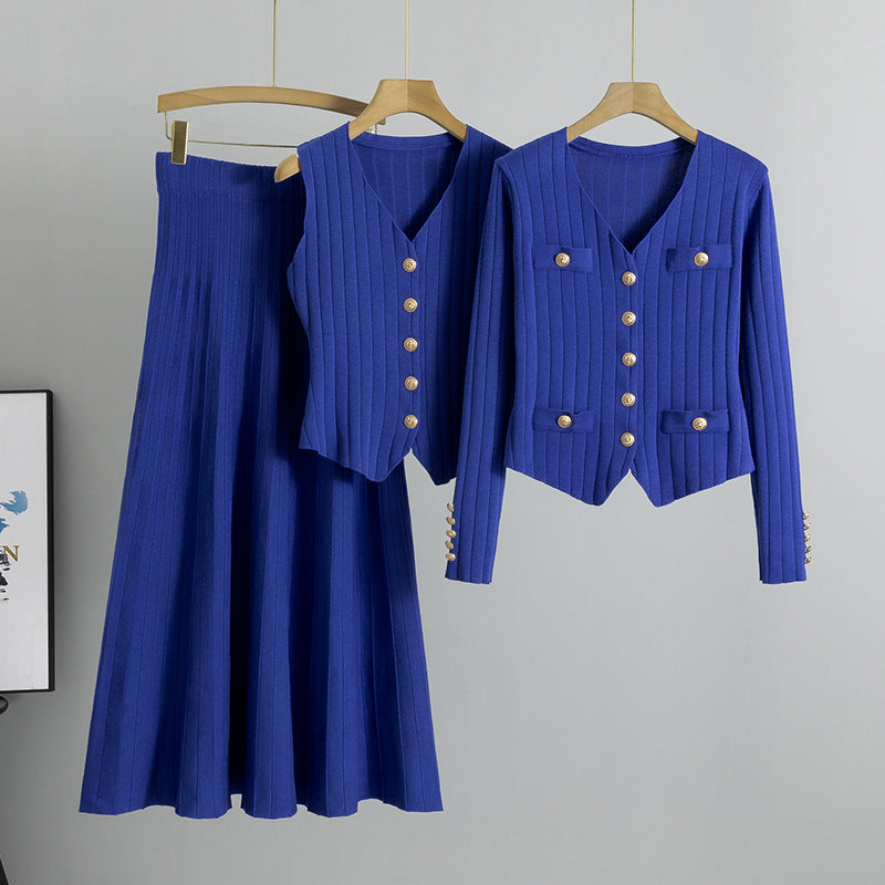 Blue – Knit Cardigan Vest Three Piece Set.