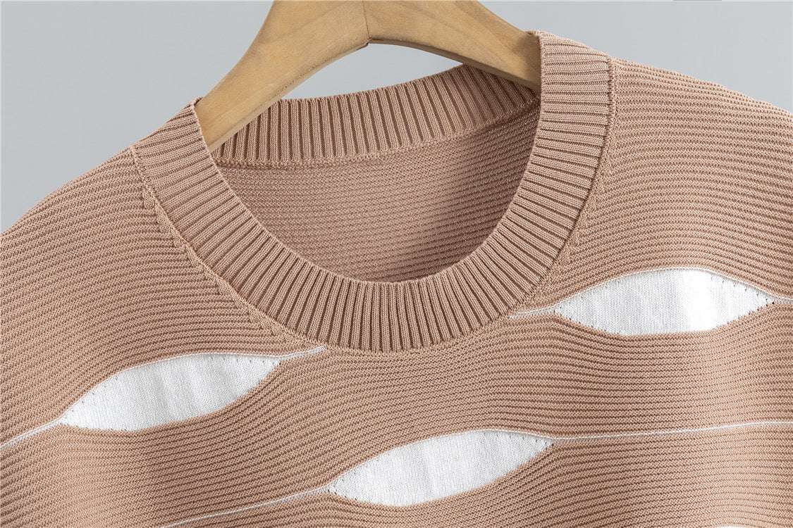 Khaki – Casual Striped Short-Sleeve Two Piece Set