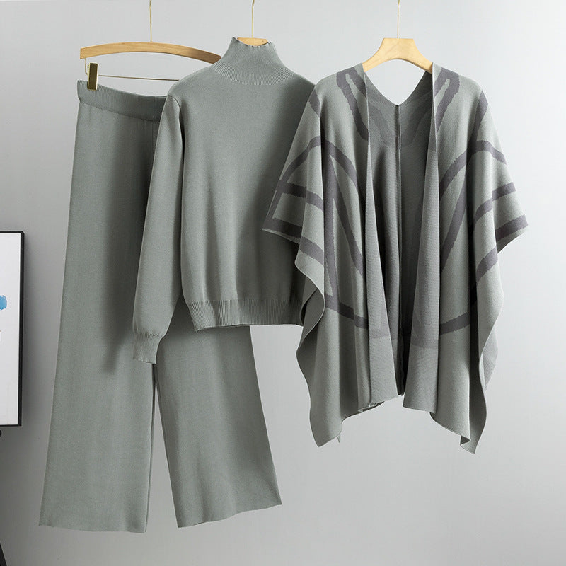 Gray – Knit Sweater Shawl Three Piece Set.