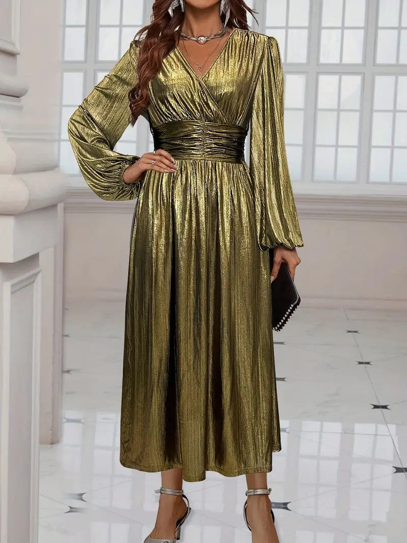 Gold Cross-Over Neck Lantern Sleeve Ruched Maxi Dress