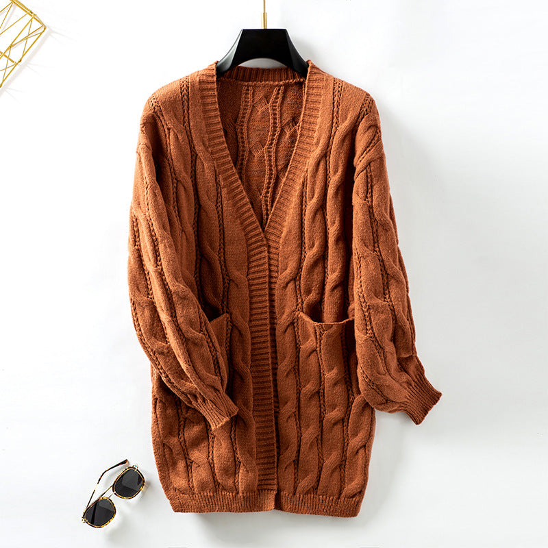 Retro Loose Mid-Length Cardigan Sweater - Rust Red