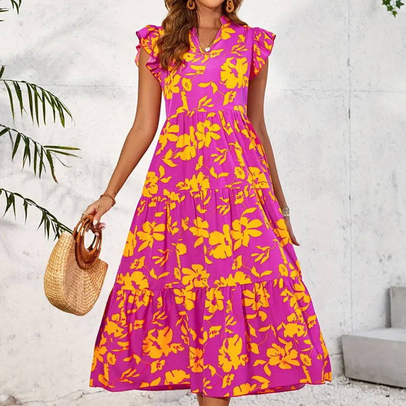 Ruffled Floral Print Dress - Yellow