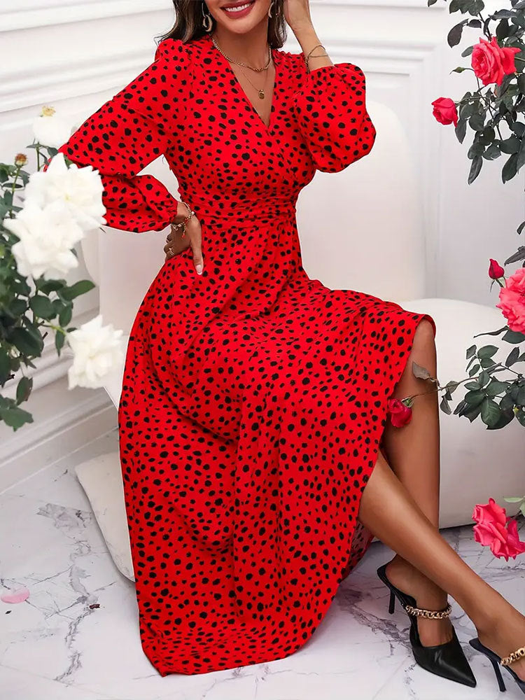 Red V-Neck Polka Dot Pleated Waist Dress