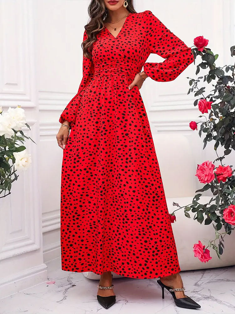 Red V-Neck Polka Dot Pleated Waist Dress