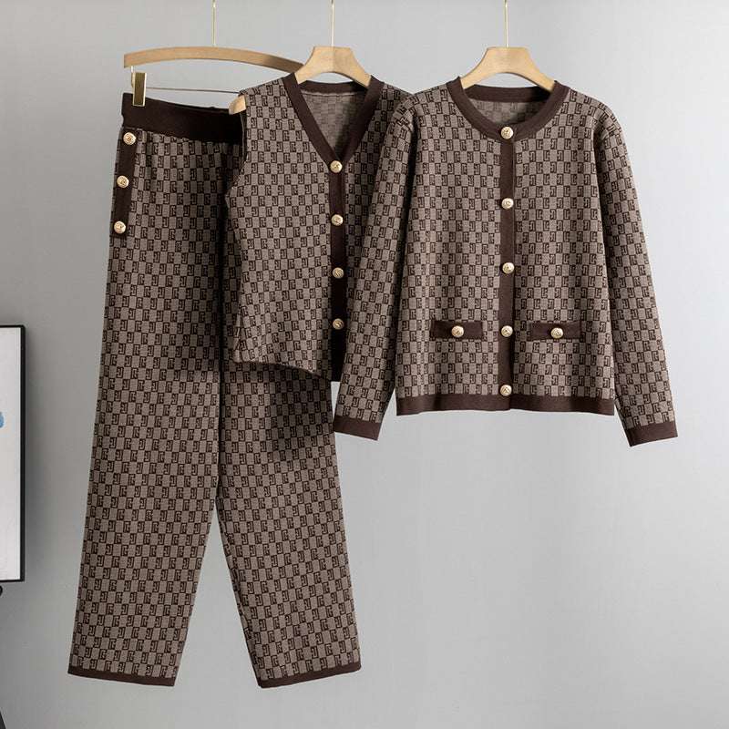 Coffee – Knit Vest Cardigan Three Piece Set.