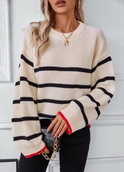 Color-Block Striped Long-Sleeve Sweater - Apricot