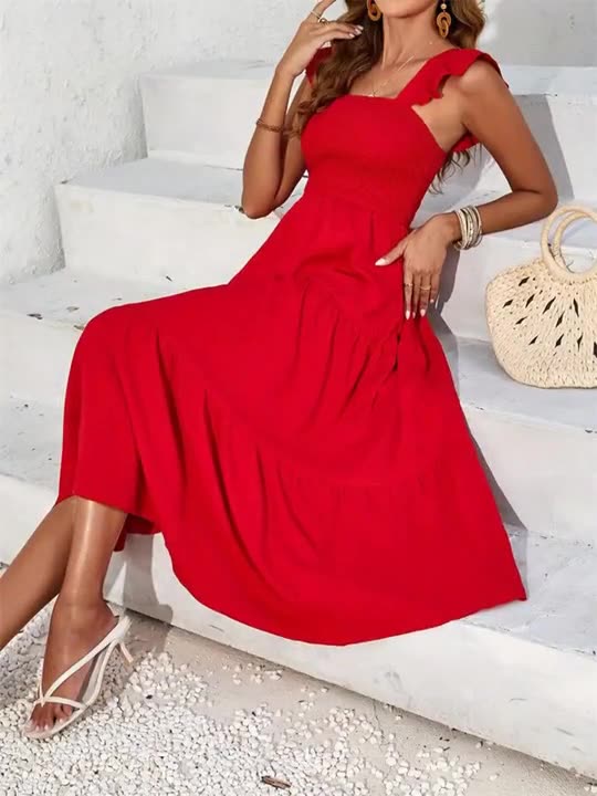 Red Spaghetti Strap Tiered Dress