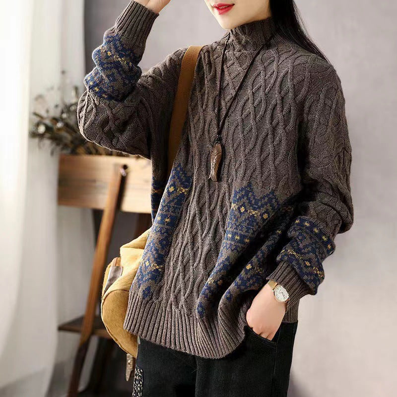 Stylish High Neck Cable-Knit Long Sleeve Printed Sweater