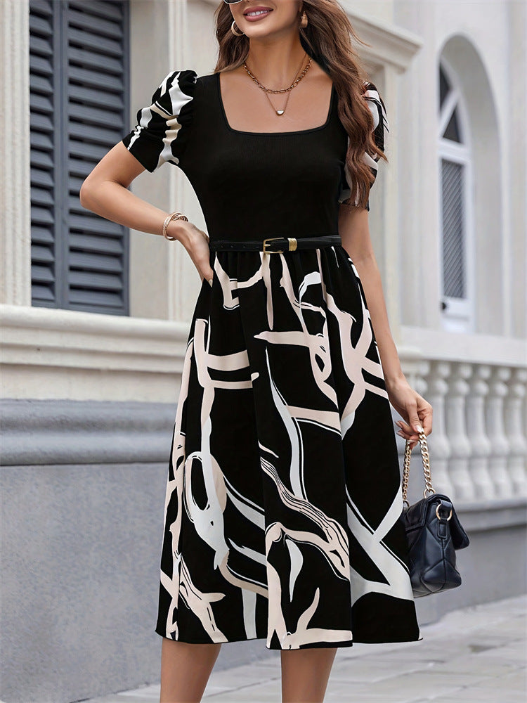 Black Printed Puff Sleeve Dress