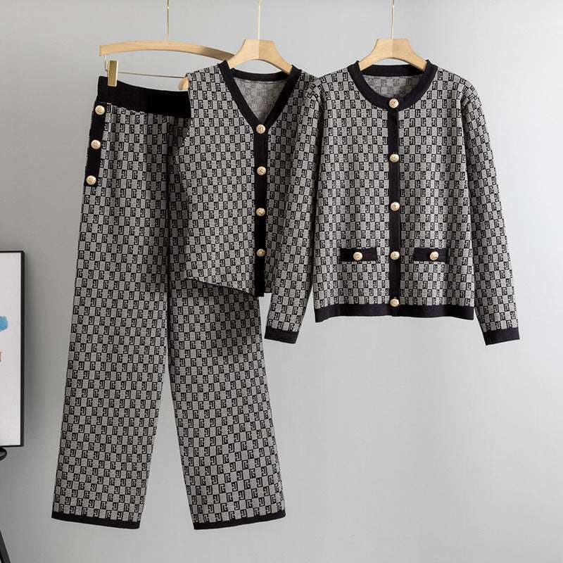 Black – Knit Vest Cardigan Three Piece Set.