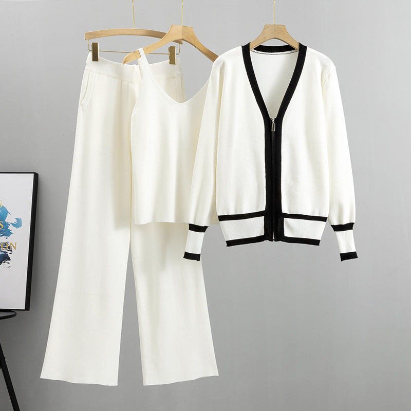 White – Knit Cardigan Cami Three Piece Set.