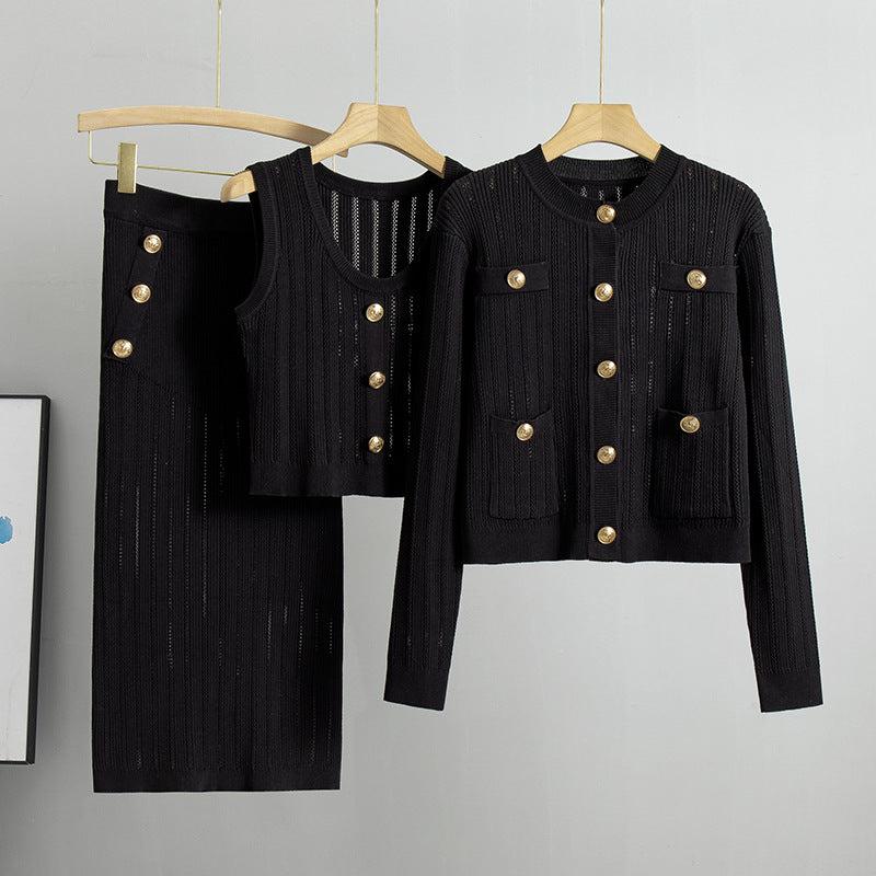 Black – Cardigan Sweater Vest Three Piece Set.