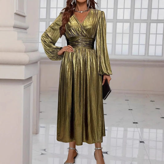 Gold Cross-Over Neck Lantern Sleeve Ruched Maxi Dress