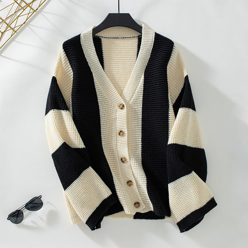 Contrast Stripe Casual Cardigan Sweater - Apricot