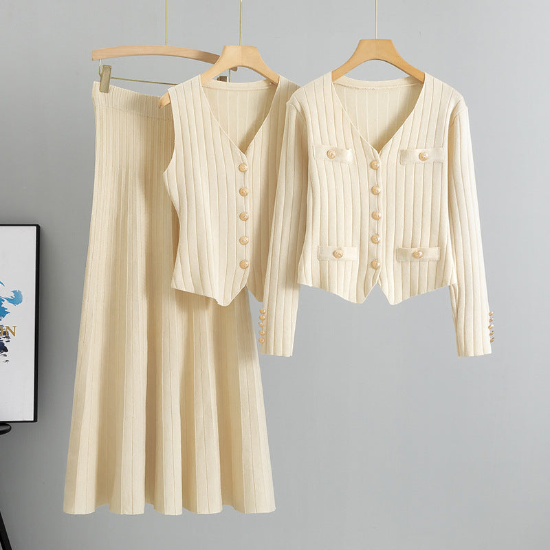 Apricot – Knit Cardigan Vest Three Piece Set.