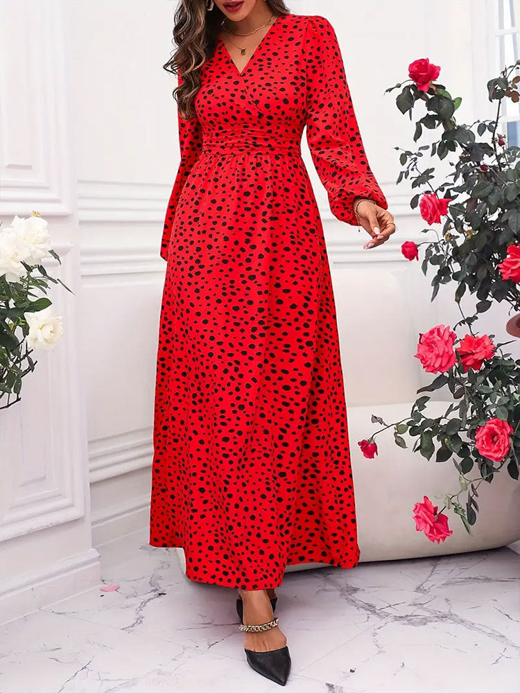 Red V-Neck Polka Dot Pleated Waist Dress